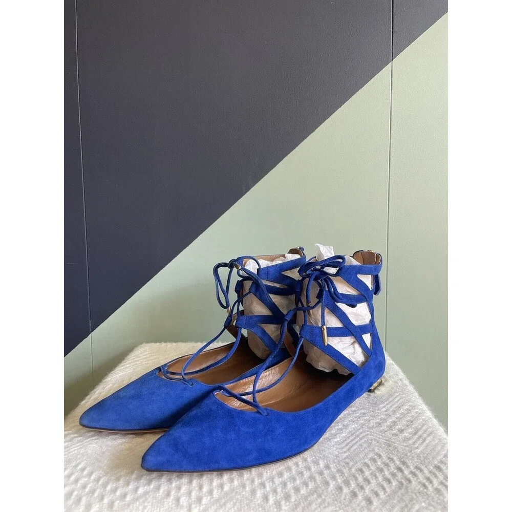Aquazzura Cobalt Blue Suede Belgravia Pointed Toe Lace-Up Flats, Size 37, EUC